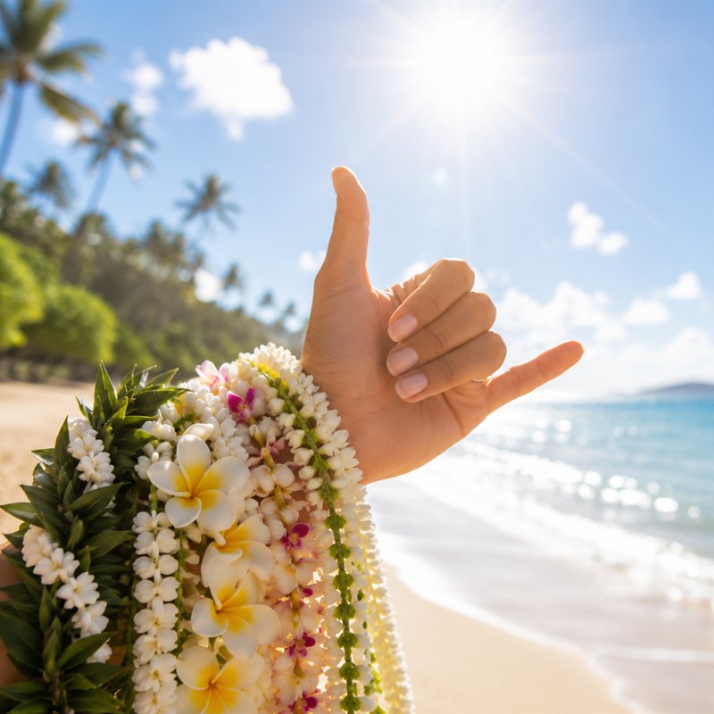 Hand giving a shaka on an O‘ahu beach, wearing maile and pikake lei